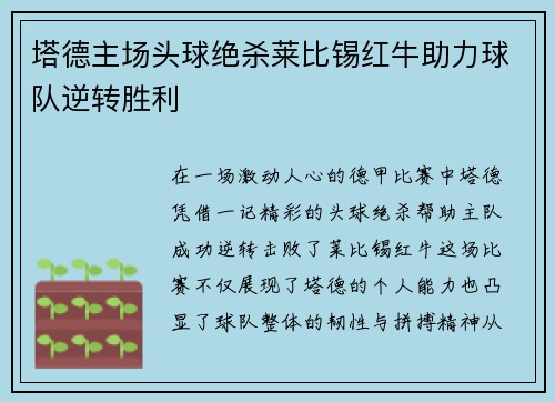 塔德主场头球绝杀莱比锡红牛助力球队逆转胜利 塔德主场头球绝杀莱比锡红牛助力球队逆转胜利