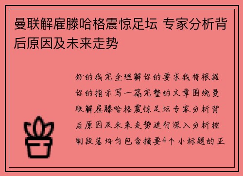 曼联解雇滕哈格震惊足坛 专家分析背后原因及未来走势 曼联解雇滕哈格震惊足坛 专家分析背后原因及未来走势